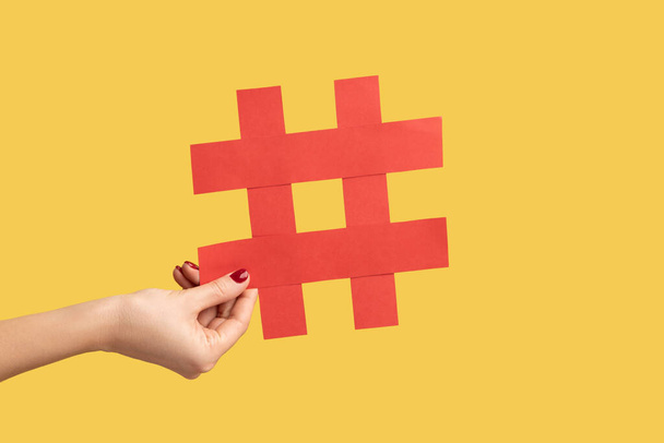 Крупный план женщины, держащей в руках большой красный бумажный хэштег, хеш-знак известного медиа-контента, маркетинга в социальных сетях и продвижения блога. Крытая студия снята на жёлтом фоне. - Фото, изображение
