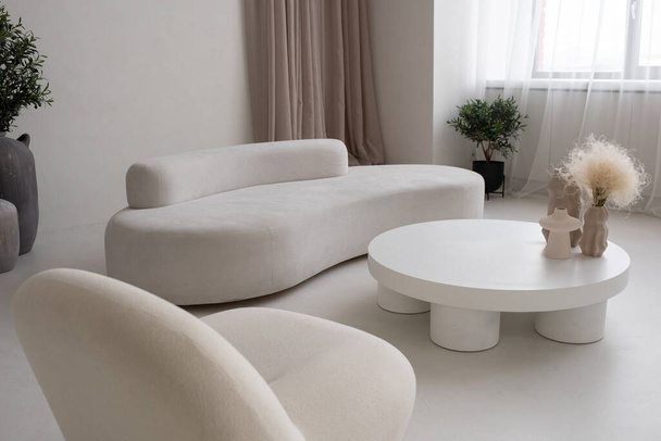 白い快適なソファとアームチェア付きの大きなリビングルーム - 写真・画像