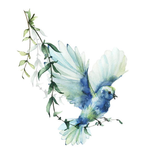 Blue and azure bird and lianas with green leaves. Watercolor painted arrangement.  - Фото, изображение