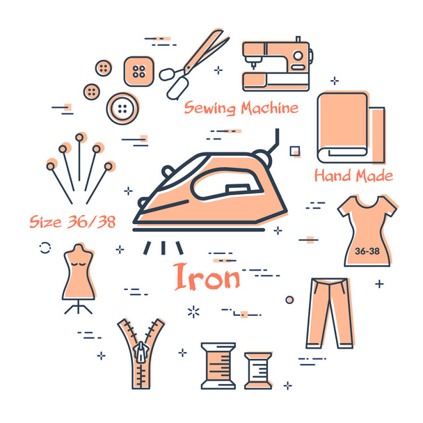 Set colored outline sewing icons, iron for ironing and accessories for seamstress isolated on white, vector illustration - Vector, Image