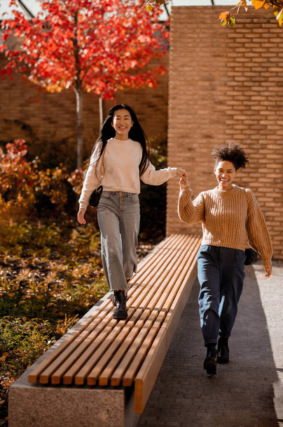 Кудрявая девушка, держащая за руку свою подругу, пока она ходит по скамейке - Фото, изображение