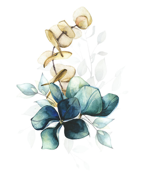 Bouquet with eucalyptus branch and blue hydrangea flowers. Watercolor painted floral arrangement bunch.  - Photo, image