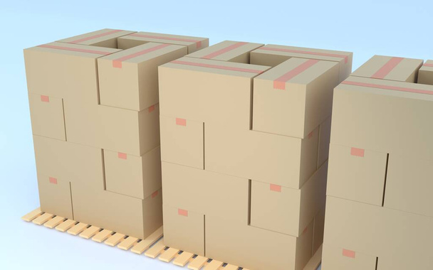 段ボール箱が並ぶパレット物流倉庫のイメージ、コピー3DCG - 写真・画像