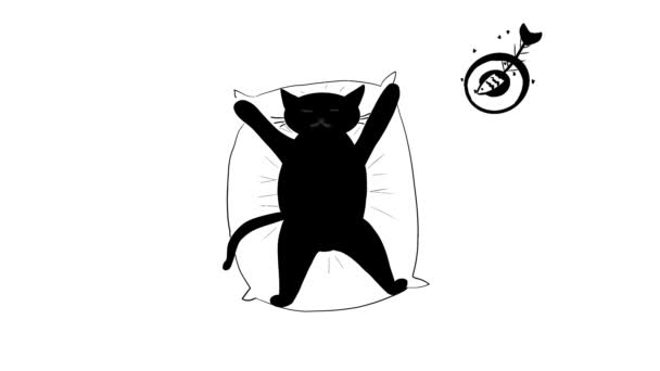 preguiçoso gato preto comeu peixe e dorme - Filmagem, Vídeo