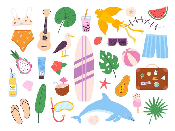 Summer symbols stickers, surf board, watermelon and travel bag. Beach ball, seagull, drinks, sunscreen and guitar. Vacation icons vector set - ベクター画像