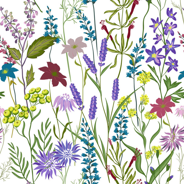 Blooming Garden floral in small hand draw flower with many kind of botanical plants seamless background. Liberty style. Design for fashion, fabric, textile, wallpaper, cover, web , wrapping - Vettoriali, immagini
