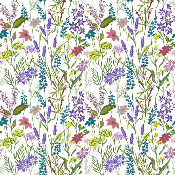 Blooming Garden floral in small hand draw flower with many kind of botanical plants seamless background. Liberty style. Design for fashion, fabric, textile, wallpaper, cover, web , wrapping - ベクター画像