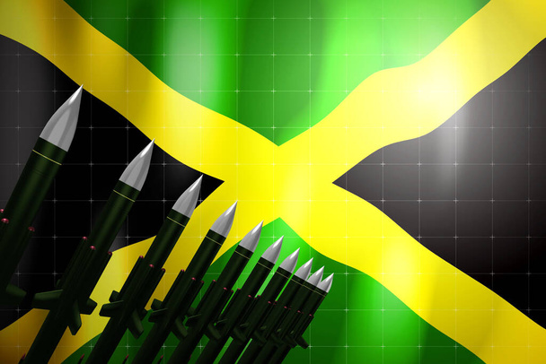 Rakety s plochou dráhou letu, vlajka Jamajky v pozadí - koncept obrany - 3D ilustrace - Fotografie, Obrázek
