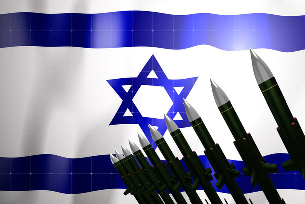 Střely s plochou dráhou letu, vlajka Izraele v pozadí - koncept obrany - 3D ilustrace - Fotografie, Obrázek