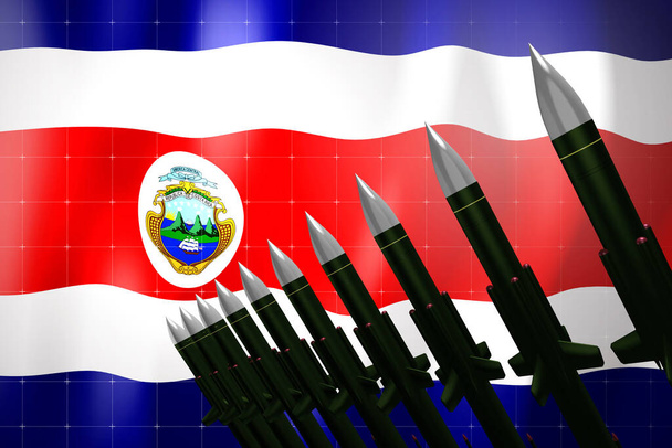 Rakety s plochou dráhou letu, vlajka Kostariky v pozadí - koncept obrany - 3D ilustrace - Fotografie, Obrázek