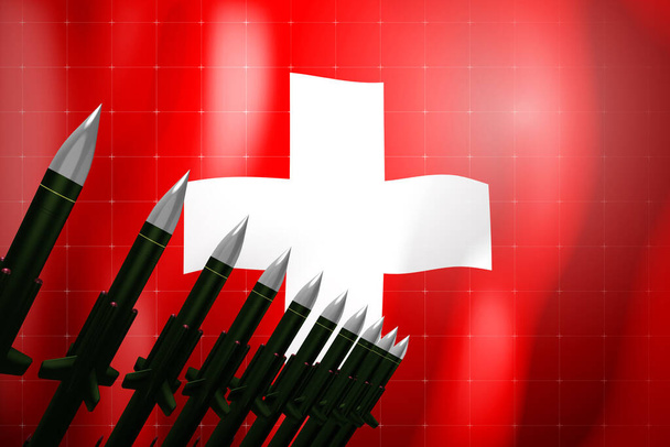 Střely s plochou dráhou letu, vlajka Švýcarska v pozadí - koncept obrany - 3D ilustrace - Fotografie, Obrázek