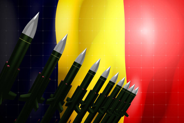 Rakety s plochou dráhou letu, vlajka Rumunska v pozadí - koncept obrany - 3D ilustrace - Fotografie, Obrázek