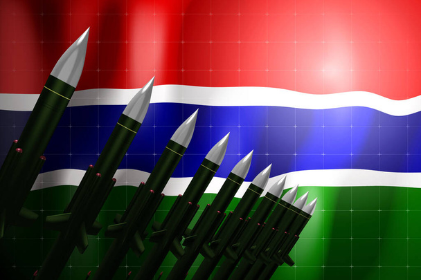 Rakety s plochou dráhou letu, vlajka Gambie v pozadí - koncept obrany - 3D ilustrace - Fotografie, Obrázek