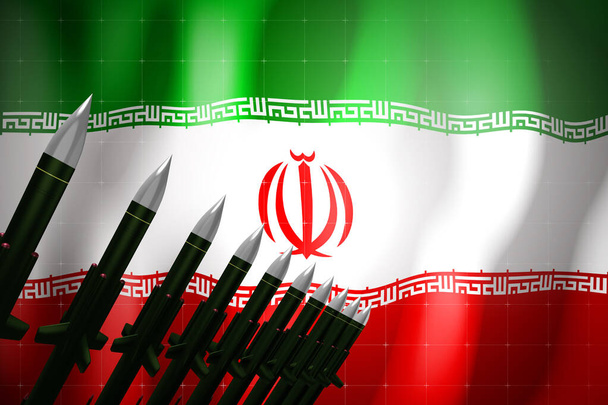 巡航ミサイル、背景にイランの旗-防衛コンセプト- 3Dイラスト - 写真・画像