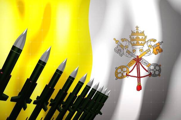 Rakety s plochou dráhou letu, Vatikánská vlajka v pozadí - koncept obrany - 3D ilustrace - Fotografie, Obrázek