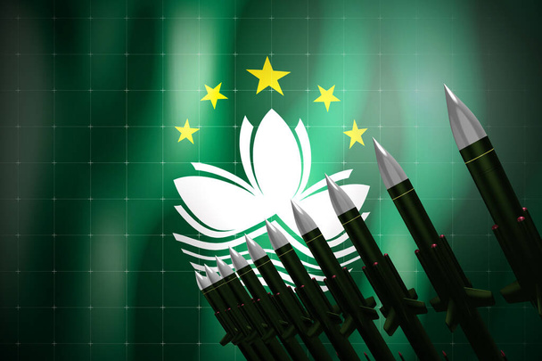 Rakety s plochou dráhou letu, vlajka Macau v pozadí - koncept obrany - 3D ilustrace - Fotografie, Obrázek