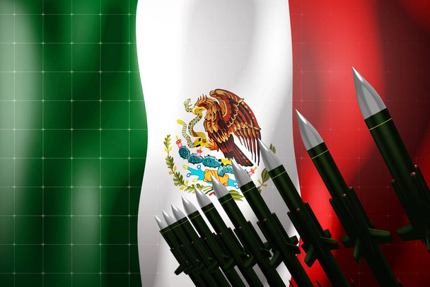 Rakety s plochou dráhou letu, vlajka Mexika v pozadí - koncept obrany - 3D ilustrace - Fotografie, Obrázek