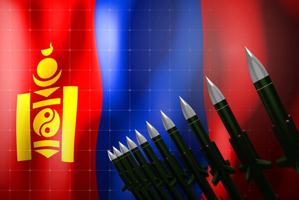 Rakety s plochou dráhou letu, vlajka Mongolska v pozadí - koncept obrany - 3D ilustrace - Fotografie, Obrázek
