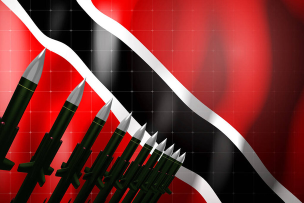 Rakety s plochou dráhou letu, vlajka Trinidadu a Tobaga v pozadí - koncept obrany - 3D ilustrace - Fotografie, Obrázek