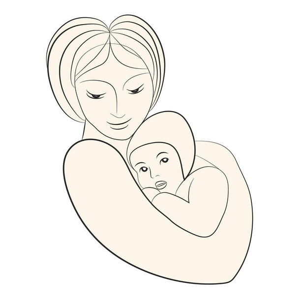 彼女の腕の中の子供と母親のシルエット。美しい女性と彼女の赤ちゃん。母は赤ん坊を注意深く抱きしめる。ママと子供の精神的なつながり。お祝いの手描き｜Happy Mother's Day. - ベクター画像