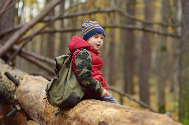 Little boy scout during hiking in autumn forest. Child is sitting on fallen tree. Concepts of adventure, scouting and hiking tourism for kids. - Photo, Image