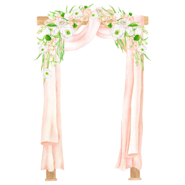 Watercolor wedding arch illustration. Hand drawn wood archway with pink curtains and flowers isolated on white background. Boho wedding decoration, rustic decor for invitation, save the date - Photo, Image
