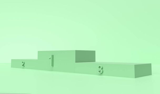 Voittaja palkintokorokkeella ja tyhjä seistä minttu vihreä ympäristö ulkonevat numerot. Tyhjä korokkeella mainontaan. 3D-renderointi. - Valokuva, kuva