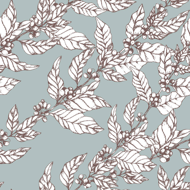 Coffee branches intertwined seamless pattern on pale blue. Coffee background print for packaging or coffee shop - Vektor, Bild