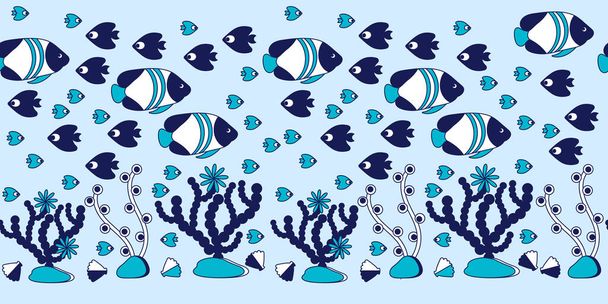 Seamless border Under water. Marine vector motif . Doodle of the underwater world, sea, ocean, river . Aquariums. - Vector, Image