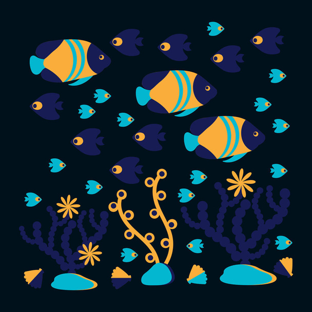 Under water. Marine vector motif on dark blue . Doodle of the underwater world, sea, ocean . Aquariums. - Vector, Image