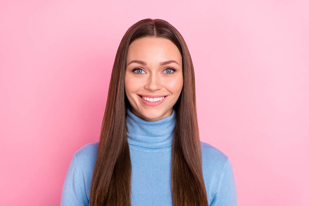 Portrait of lovely nice lady beaming smiling look in camera isolated over pastel pink color background - Фото, зображення