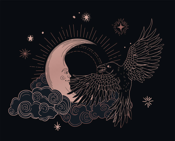 Illustrazione con corvo su sfondo cosmico, cielo notturno, con stelle e nuvole stilizzate - Vettoriali, immagini