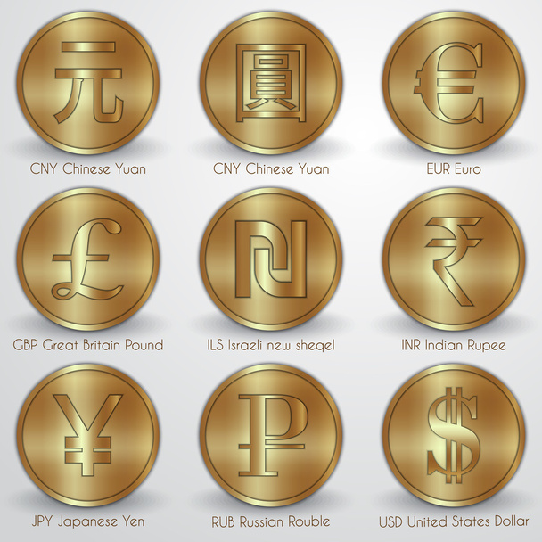 Εικονογράφηση φορέας σύνολο χρυσών νομισμάτων με διαφορετικό νόμισμα σημάδια - Διάνυσμα, εικόνα