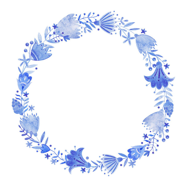 Watercolor frame with blue flowers, berries, branches, leaves and much more. Perfect for decorating tableware, stickers, scrapbooking, invitations, logo and more - Valokuva, kuva