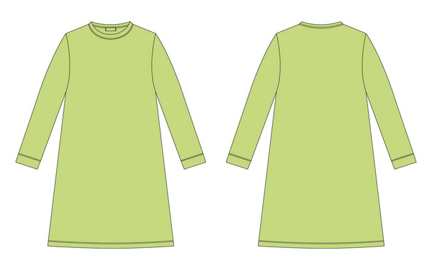 Nachthemd technische Skizze. Grüne Farbe. Baumwollkitsch für Kinder. Nachthemd-Vektorillustration. Rück- und Vorderansicht. Design für Verpackungen, Modekatalog - Vektor, Bild