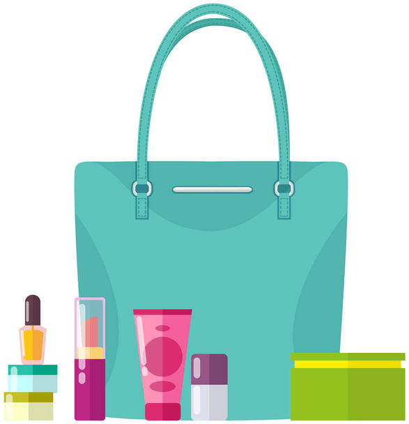 Cream, perfume, cosmetics and pomade. Contents of woman s handbag, accessories for makeup and care - Вектор,изображение