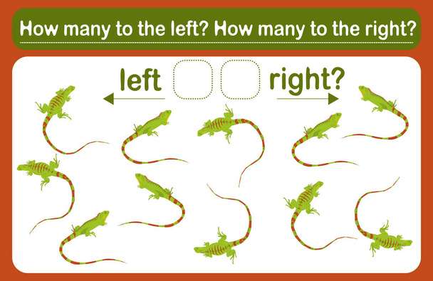 Un juego de lógica para niños llamado "Izquierda o Derecha". Orientación espacial con lagartos Hoja de entrenamiento. Cuente cuántas iguanas giran a la izquierda y cuántas giran a la derecha. - Vector, imagen
