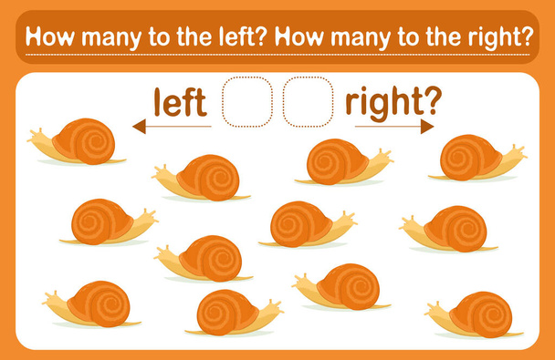 A logic game for kids called Left or right. Spatial orientation with snails. Training sheet. Count how many snails are turned left and how many are turned right. - Vector, Image