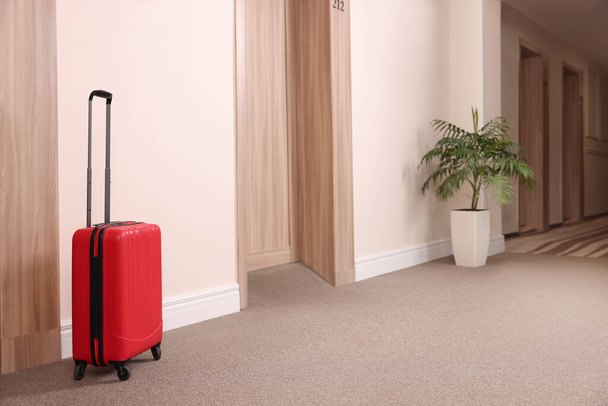 Modern red suitcase in empty hotel corridor - Fotó, kép
