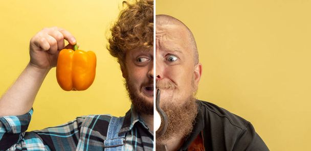 Photocomposite image of two halves of heads of farmer and smith isolated on yellow studio background. Concept of occupation, diversity, emotions, labor and hobby - Фото, изображение