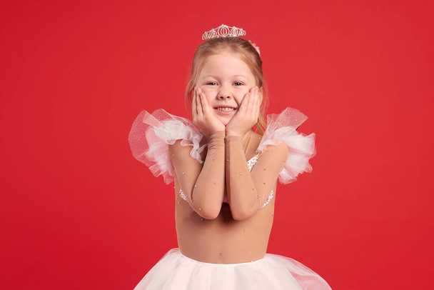 Cute girl in fairy dress with diadem on red background. Little princess - Fotografie, Obrázek