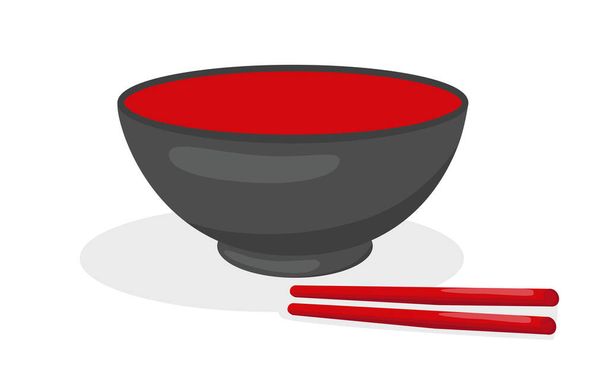 Cuenco negro rojo vacío con palillos, sombra. Ilustración de stock vectorial aislada sobre fondo blanco para plantilla de cocina asiática. EPS10 - Vector, imagen