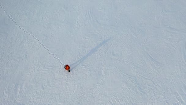 Egy magányos utazó hátizsákkal sétál a havas sivatagban.. - Felvétel, videó