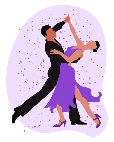 Illustratie, een dansend stel, een man in het zwart en een vrouw in een paarse jurk op een abstracte achtergrond. Affiche, afdruk, ansichtkaart - Vector, afbeelding