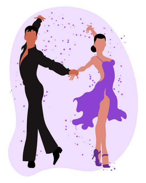 Иллюстрация, танцующая пара, мужчина в черном и женщина в фиолетовом платье на абстрактном фоне. Плакат, печать, открытка - Вектор,изображение