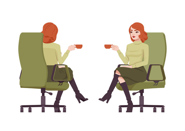 Red haired secretary woman, attractive redheaded business lady coffee break - Vector, Image