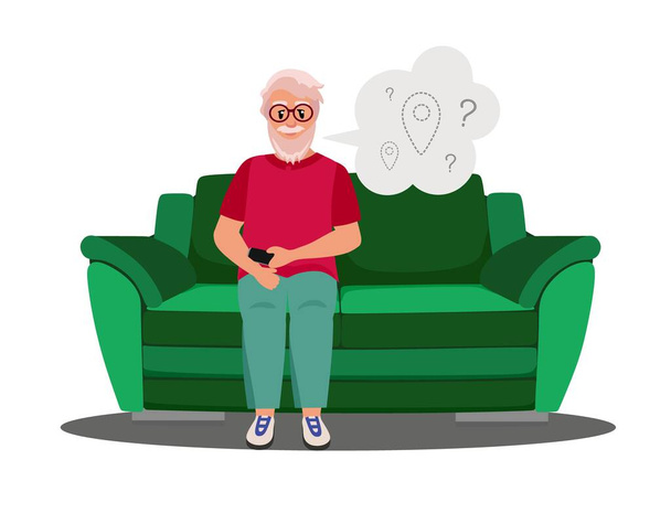 Demencja Dziadek na kanapie nie może rozgryźć, gdzie jest Wektor ilustracji w mieszkaniu  - Wektor, obraz