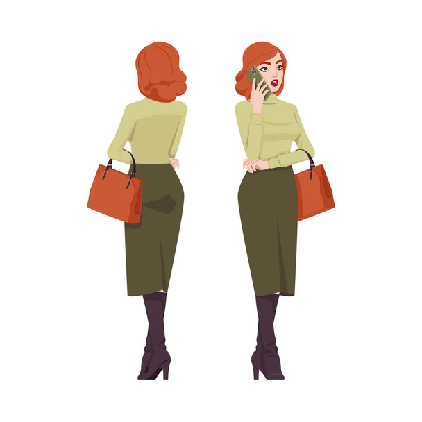 Vörös hajú titkárnő, vonzó vörös hajú üzleti hölgy telefonbeszélgetés - Vektor, kép