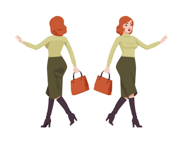 Rudowłosa sekretarka, atrakcyjna rudowłosa bizneswoman walking - Wektor, obraz