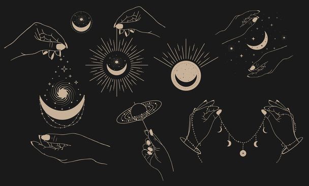 Σύνολο o boho μυστικιστικά στοιχεία αστρολογίας. Μαγικό διάστημα αντικείμενα πλανήτες, αστέρια με γυναικεία χέρια. Μαγικά λογότυπα χεριών, φεγγαριού και ήλιου. Μυστικά σύμβολα για το σχέδιό σας. - Διάνυσμα, εικόνα